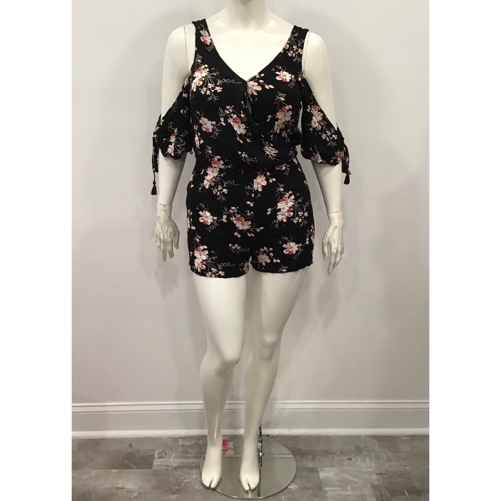 Aeropostale‎ Summer Romper Womens Large Black Pink Floral Cold Shoulder Boho